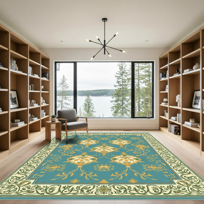 Teal Golden Floral Medallion Border Rug