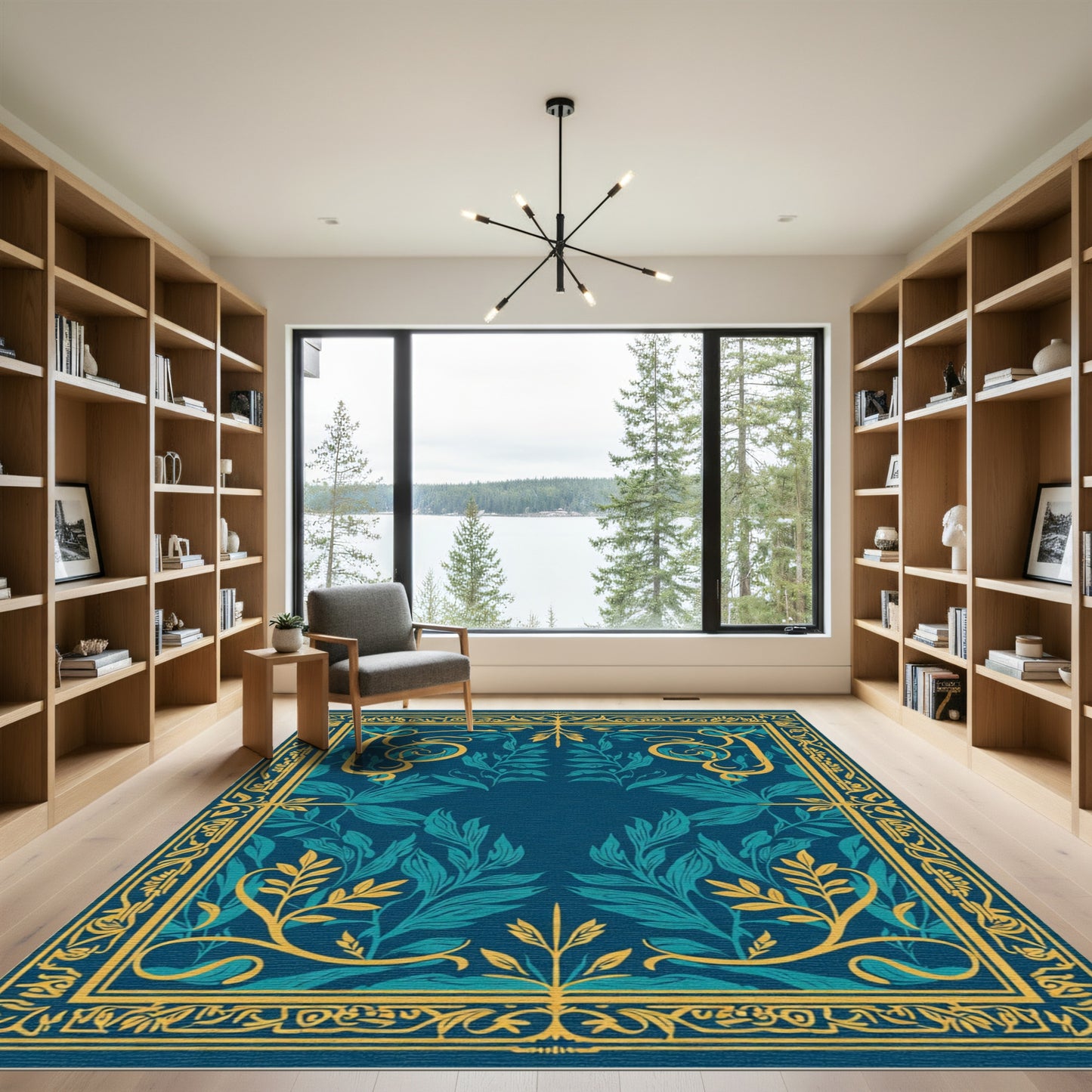 Deep Teal Yellow Floral Art Nouveau Rug