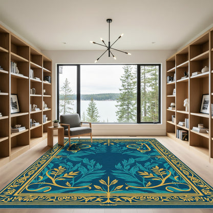 Deep Teal Yellow Floral Art Nouveau Rug