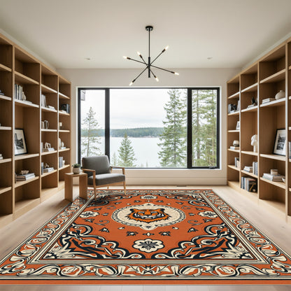 Orange Tiger Face Medallion Border Rug