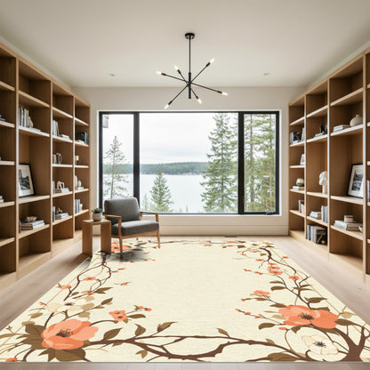 Coral and Cream Blossom Branch Frame Rug
