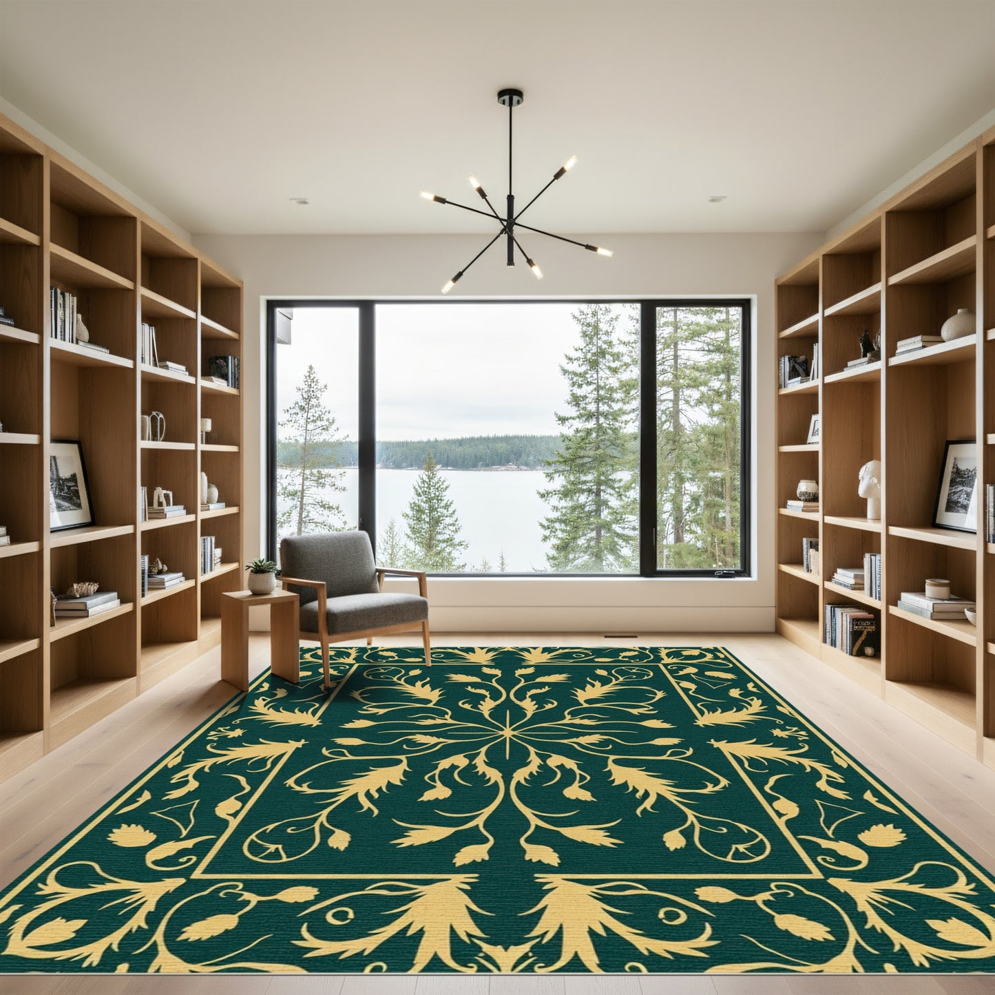 Deep Green Gold Floral Medallion Rug