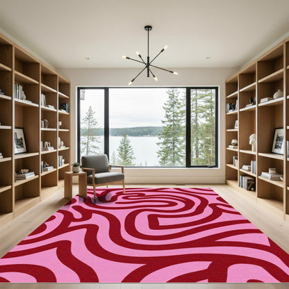 Crimson Swirls Pink Abstract Rug