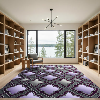 Metallic Silver and Plum Ornate Trellis Rug