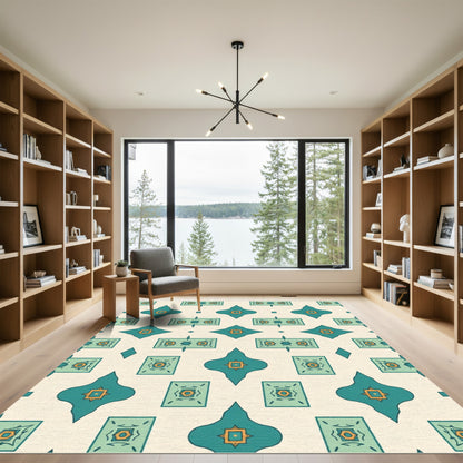 Teal Orange Geometric Quatrefoil Medallion Rug