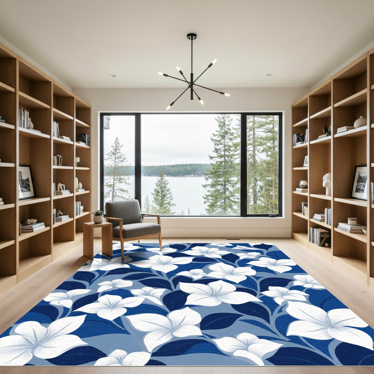 White Floral Vines Blue Background Rug