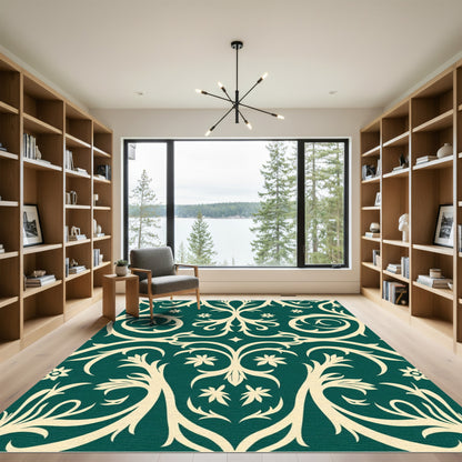 Cream Swirl Scrolling Floral Emerald Rug