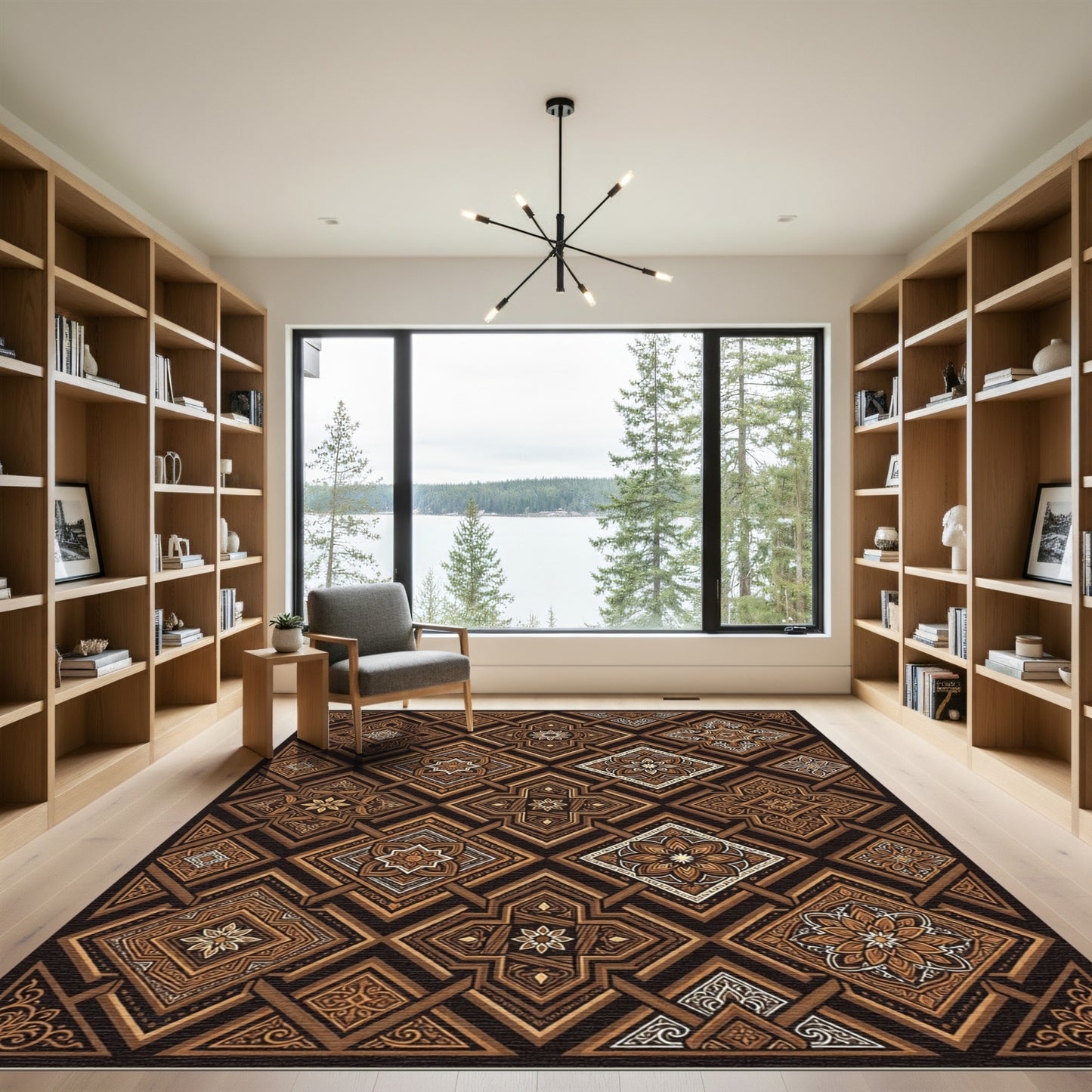 Ornate Brown Geometric Medallion Repeat Rug