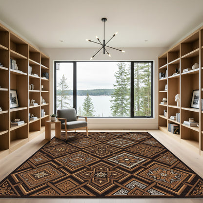 Ornate Brown Geometric Medallion Repeat Rug