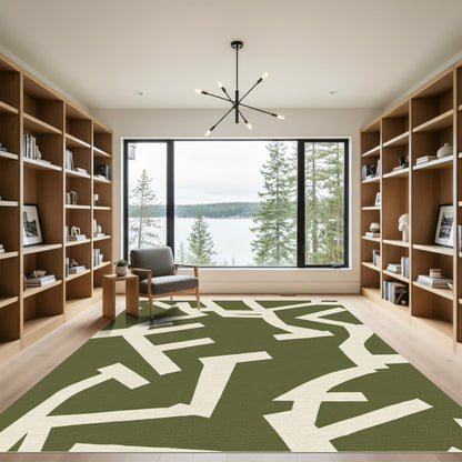Cream Abstract Over Olive Branches Rug