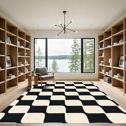 Black Cream Curved Check Block Rug