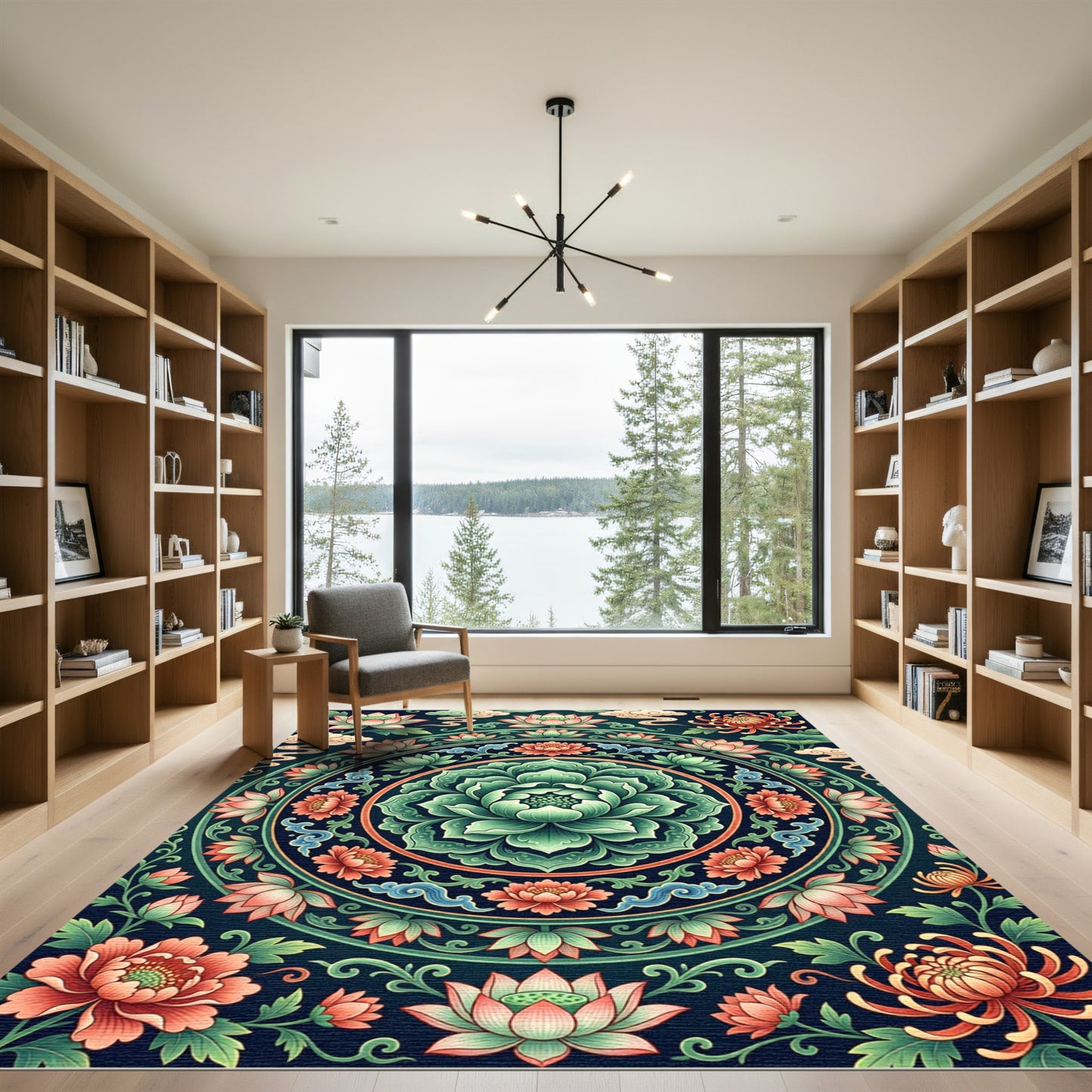 Ethereal Jade Lotus Floral Medallion Rug