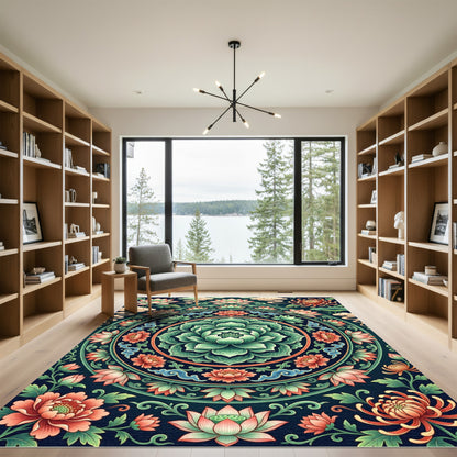 Ethereal Jade Lotus Floral Medallion Rug