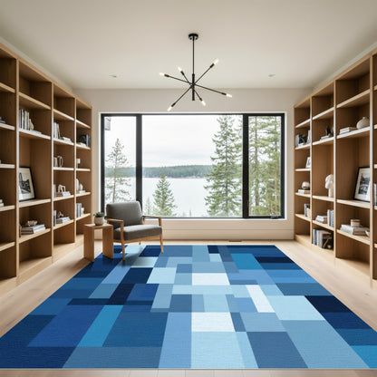 Modern Geometric Blue Blocks Rug