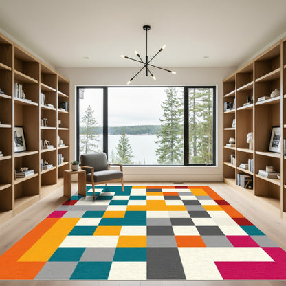 Abstract Blocks Teal Orange Geometric Rug