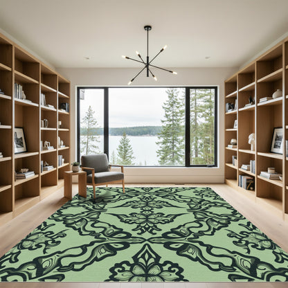 Sage Green Ornate Floral Scroll Rug