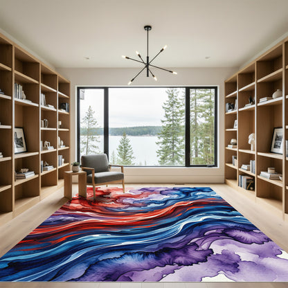 Abstract Red and Blue Flowing Wave Rug