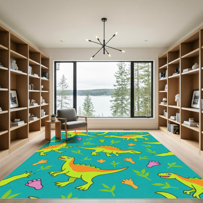 Cute Green Dinosaurs Turquoise Playful Theme Rug