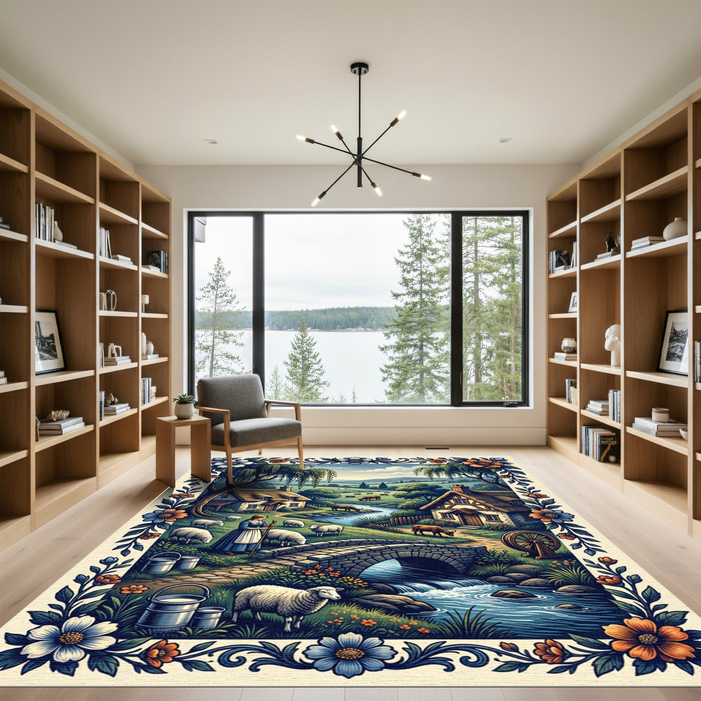 Pastoral Countryside Blue Floral Border Rug