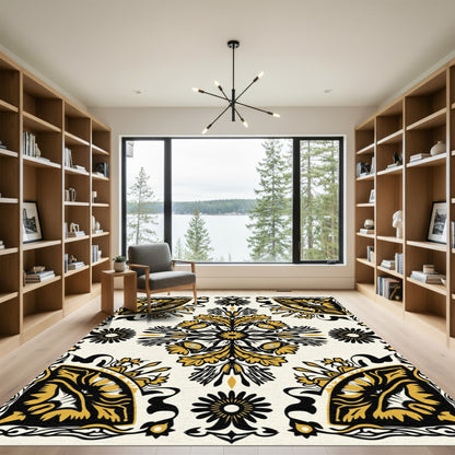 Golden Black Floral Fan Medallion Rug