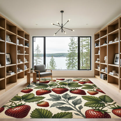 Classic Botanical Strawberry Herbaceous Illustration Rug