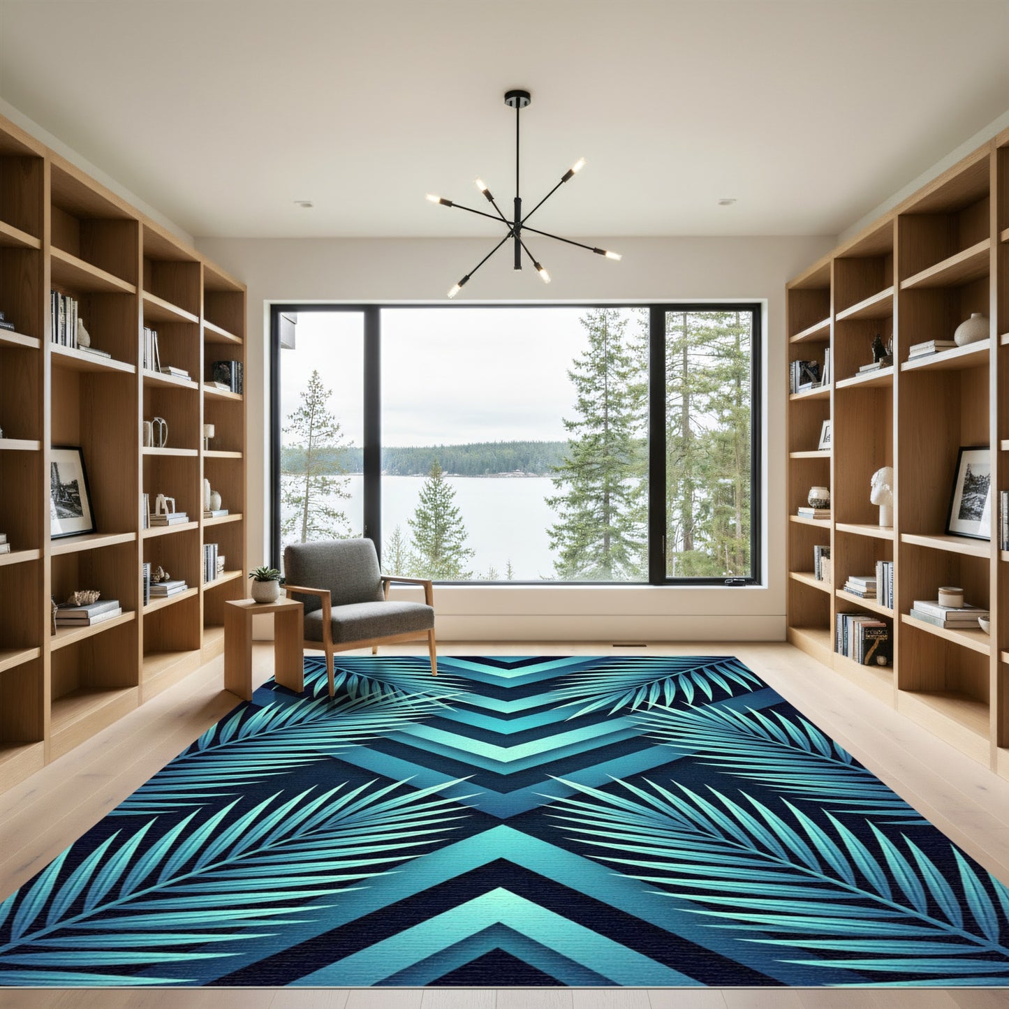 Aqua Tropical Leaf Chevron Rug