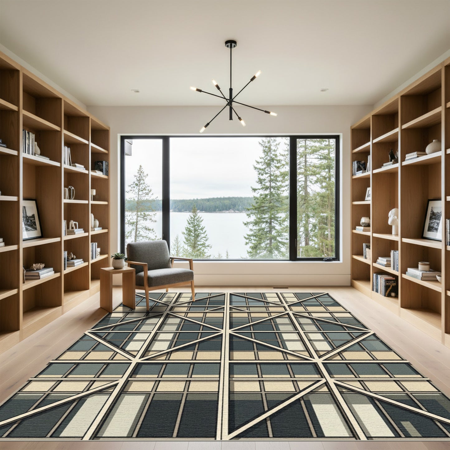 Geometric Cream and Slate Grid Rug