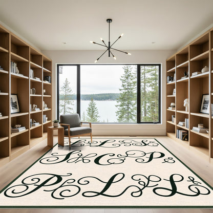 Black Script Alphabet Monogram Swirl Rug