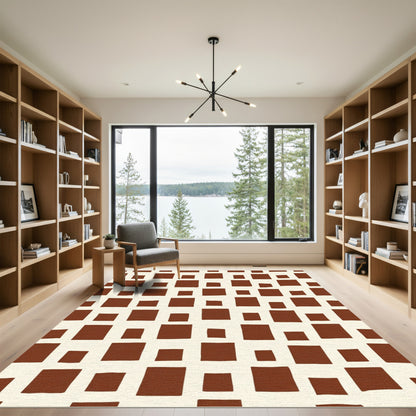 Brown Square Grid Blocks Rug