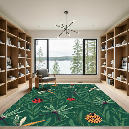 Whimsical Insects Green Leaf Pattern Rug