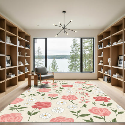 Charming Pink Rose Daisy Garden Rug