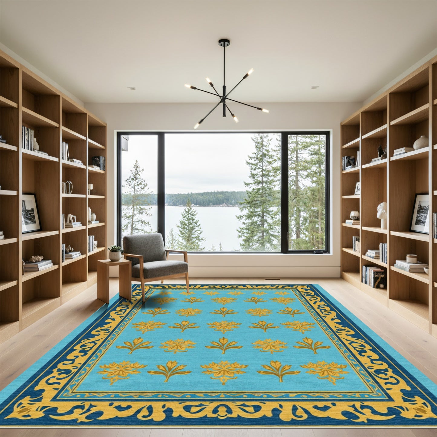 Aqua And Gold Floral Vine Border Rug
