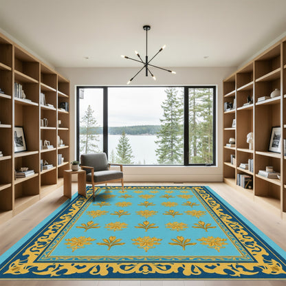 Aqua And Gold Floral Vine Border Rug