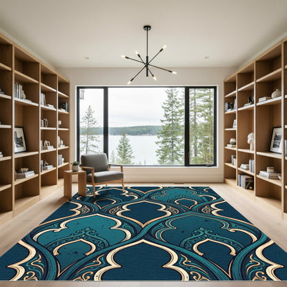 Teal Archway Scroll Ornate Tapestry Rug