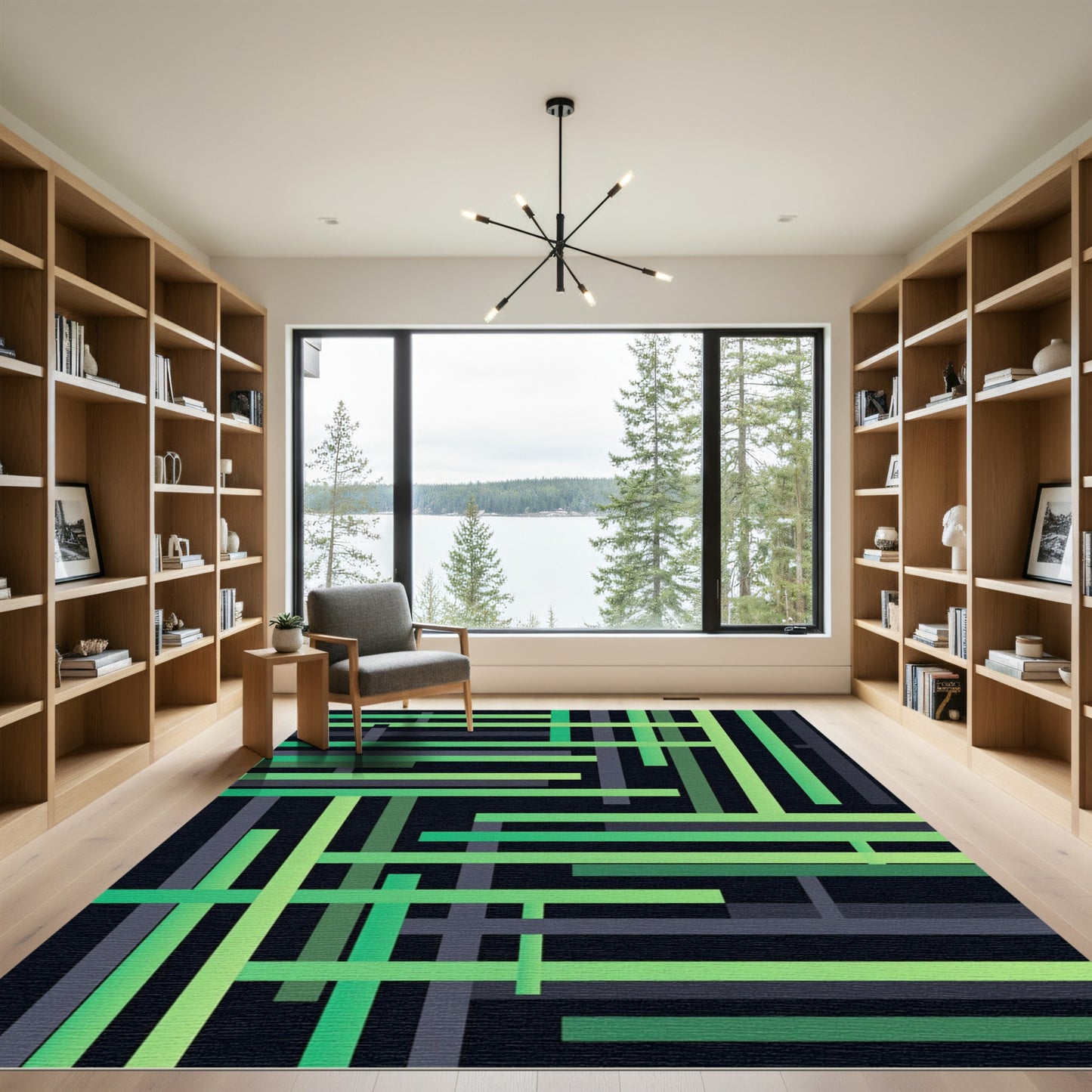 Modern Emerald Linear Grid Geometric Rug