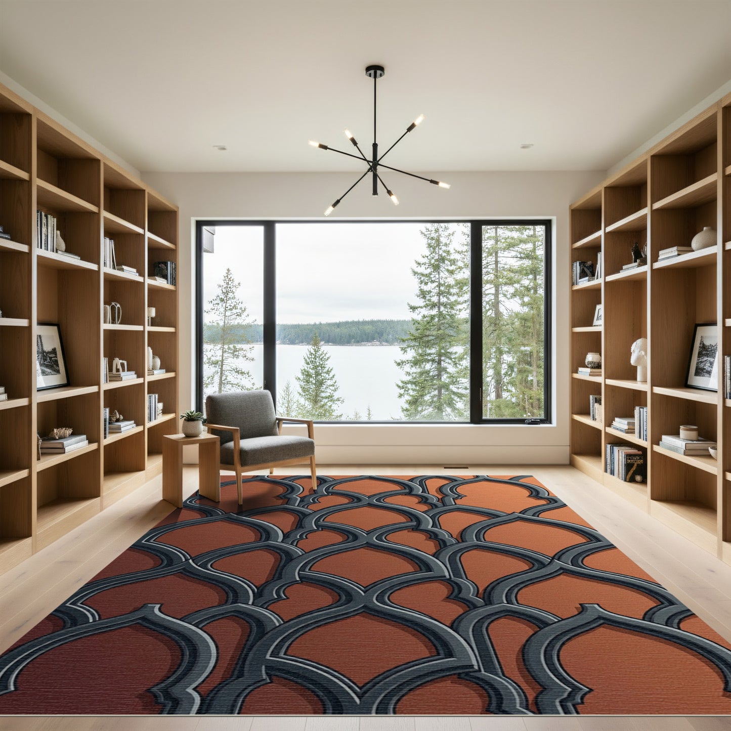 Deep Gray Arabesque Lattice Rug