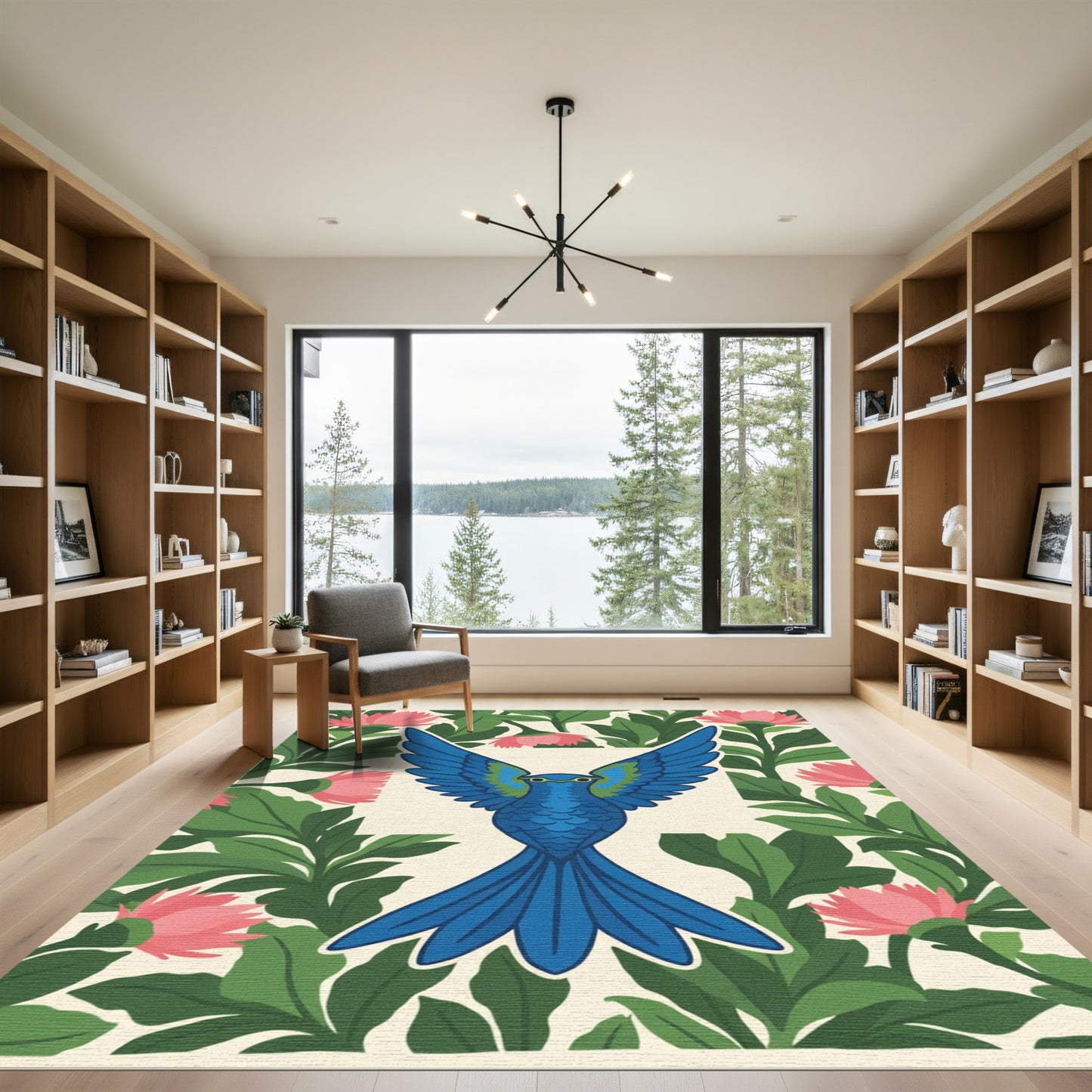 Vibrant Blue Bird Tropical Floral Medallion Rug
