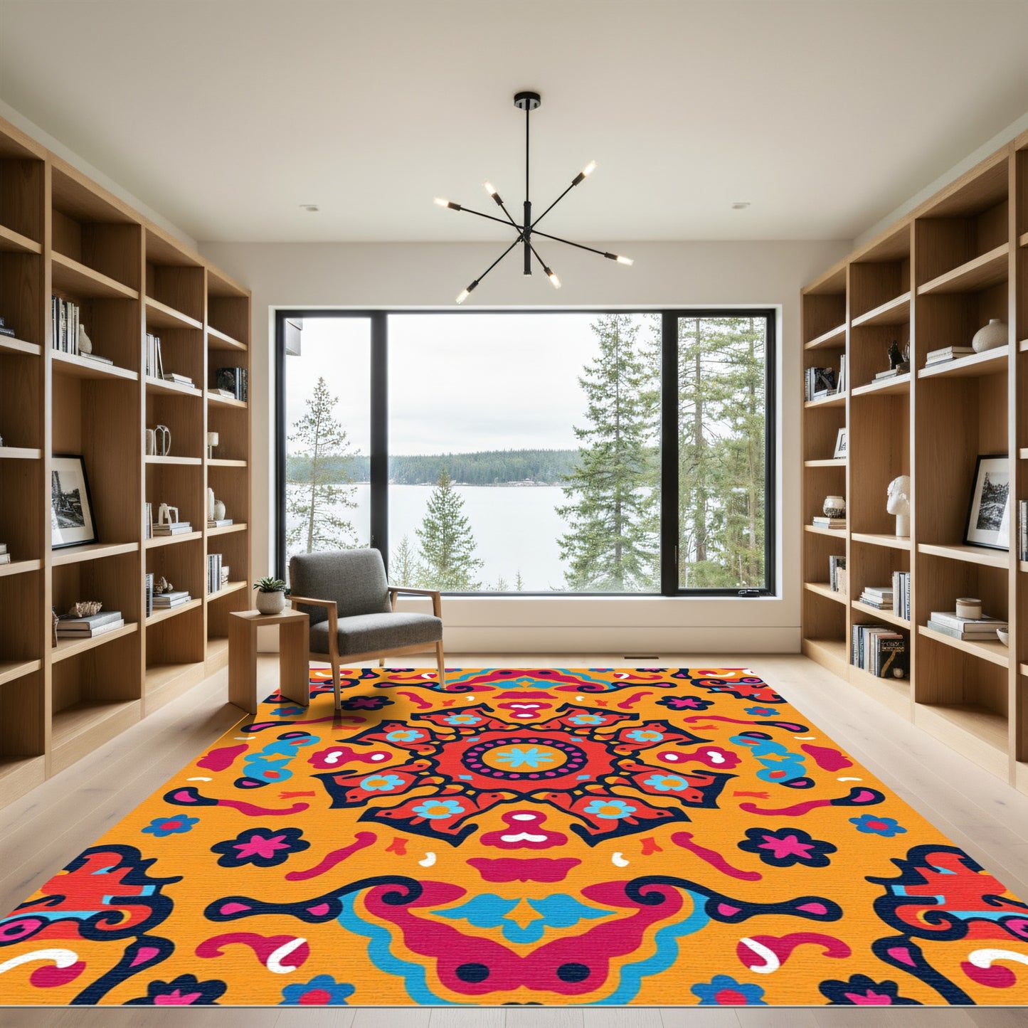 Vibrant Ochre Floral Mandala Medallion Rug