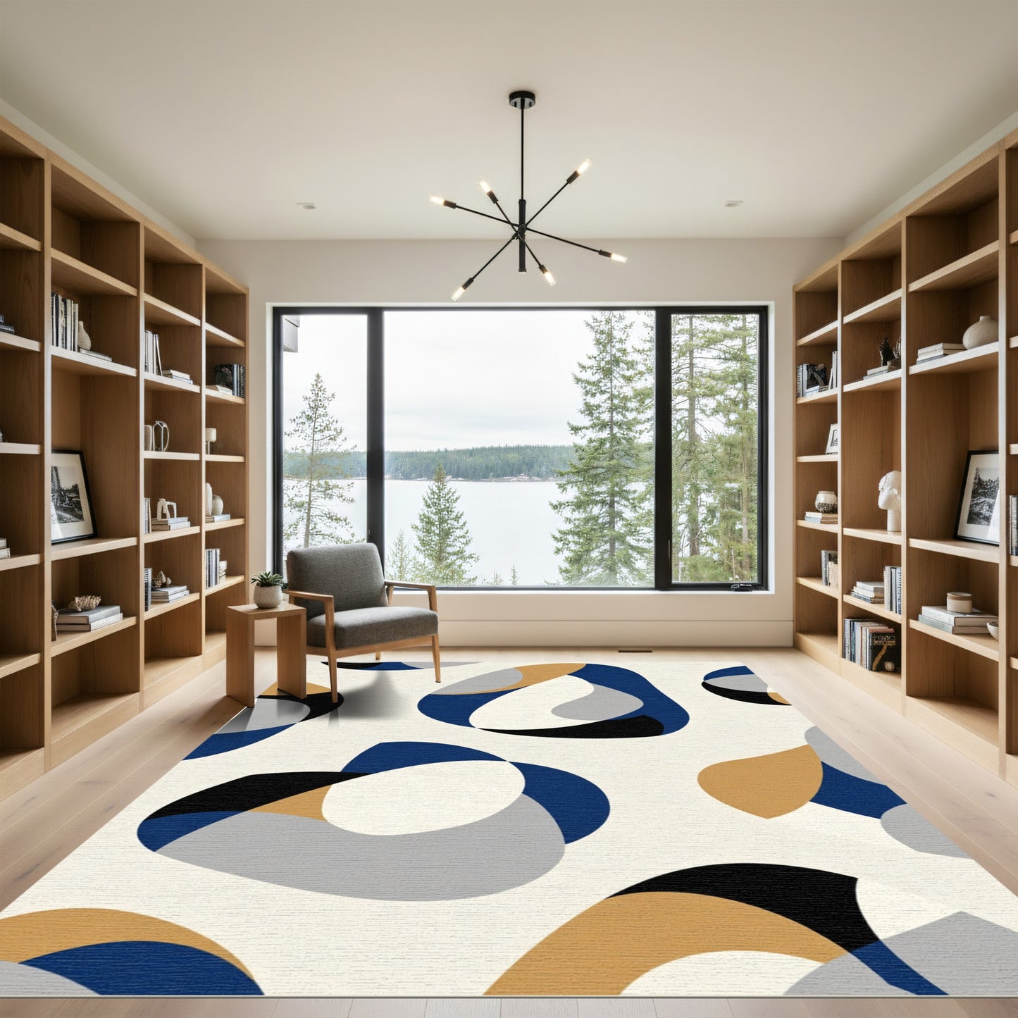 Abstract Blue Gold Gray Organic Forms Rug