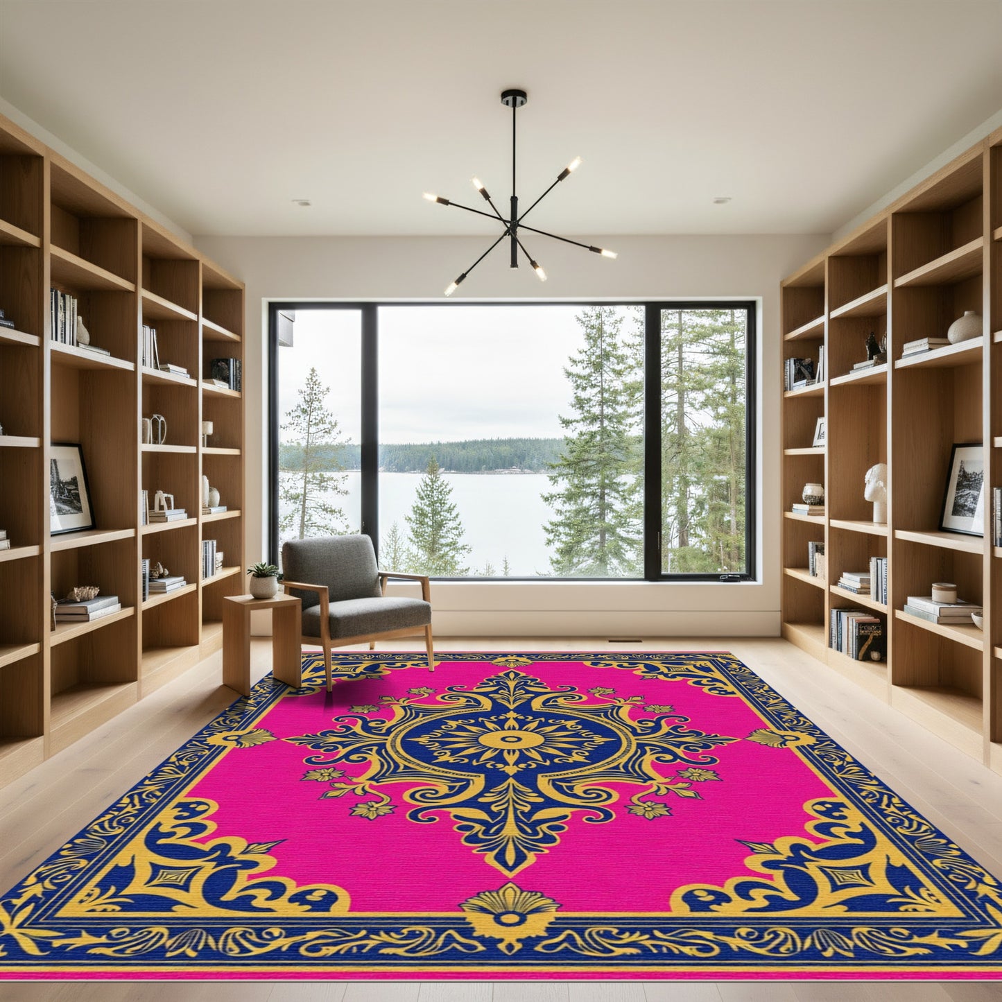 Vibrant Hot Pink Geometric Medallion Rug