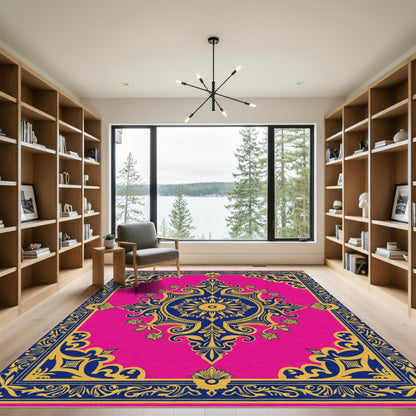 Vibrant Hot Pink Geometric Medallion Rug