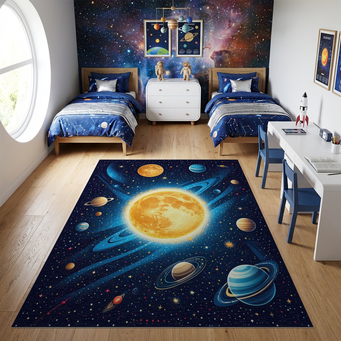 Vibrant Golden Cosmic Planets Stars Rug