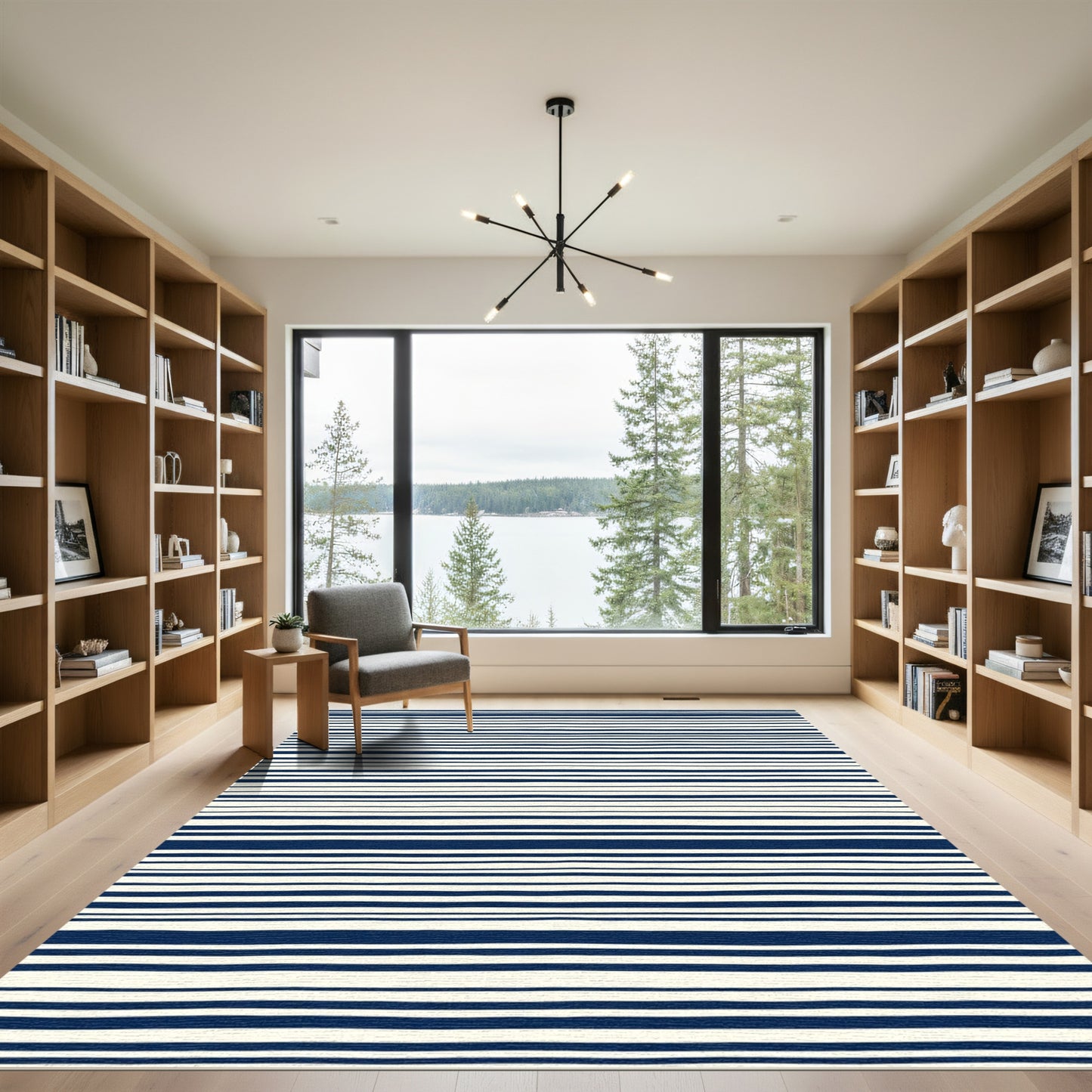Navy Cream Textured Stripes Rug
