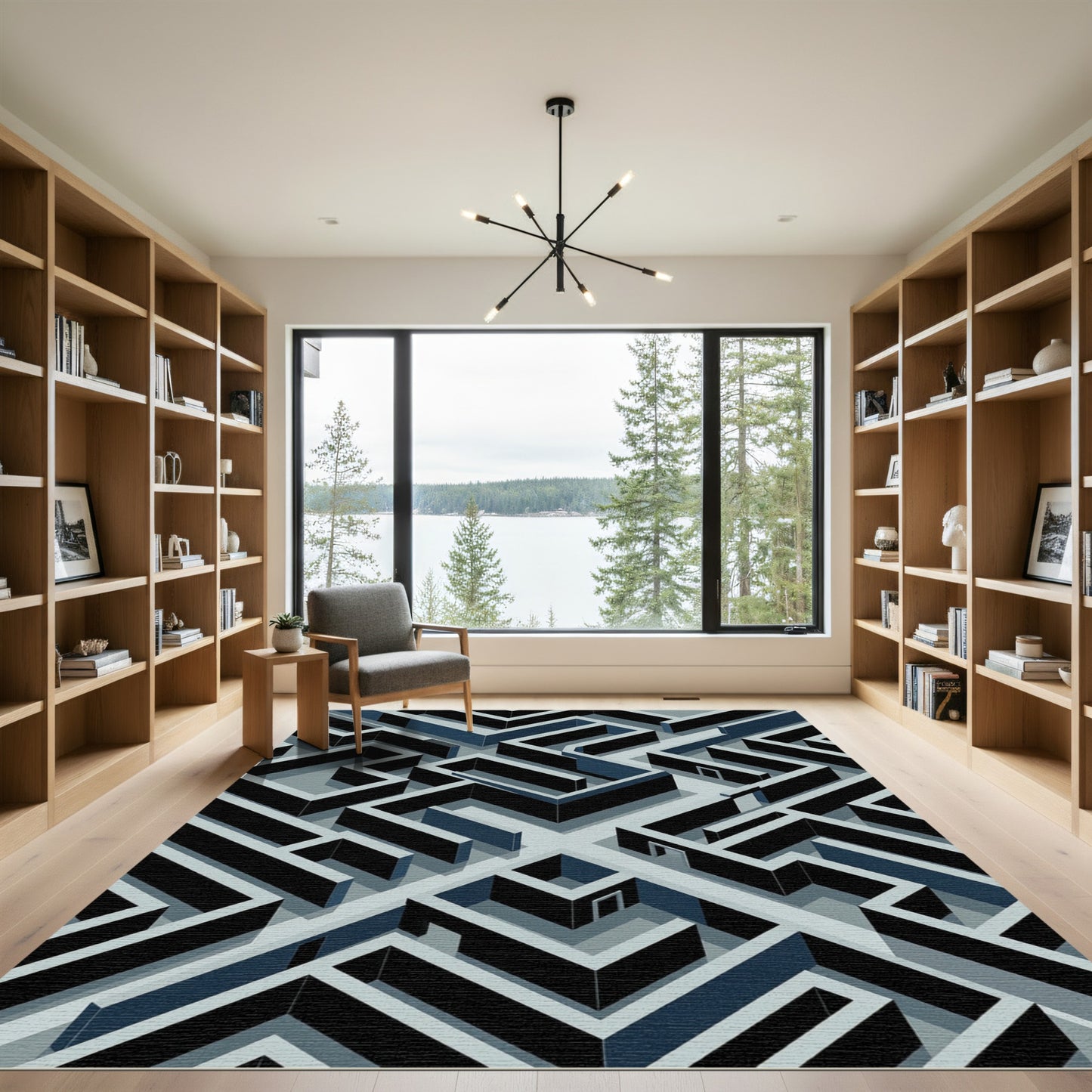 Modern Isometric Blue Maze Abstract Rug