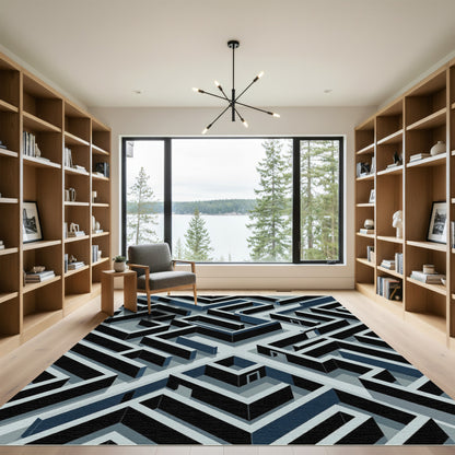 Modern Isometric Blue Maze Abstract Rug
