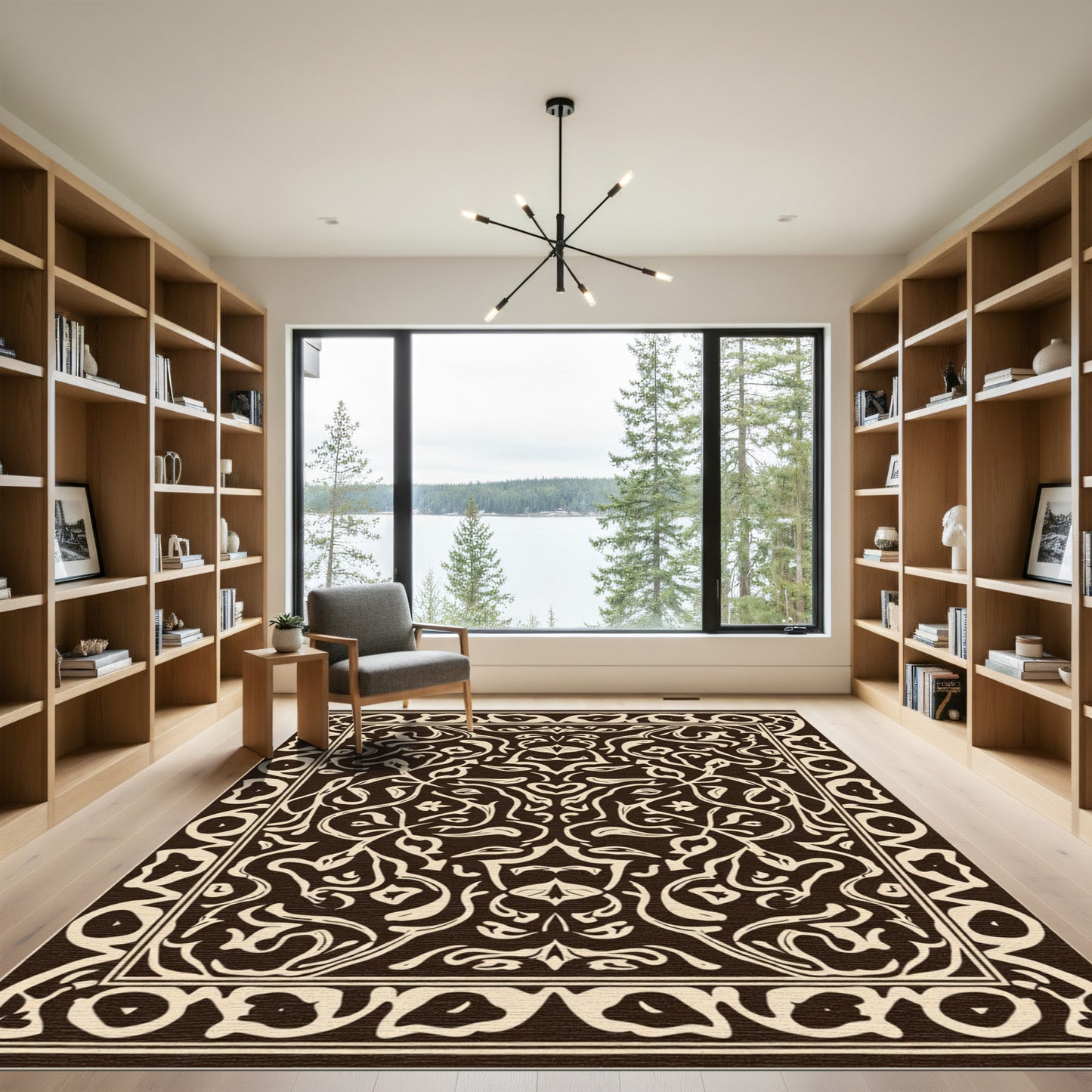 Dark Brown Cream Intricate Floral Border Rug