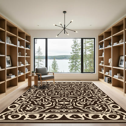 Dark Brown Cream Intricate Floral Border Rug