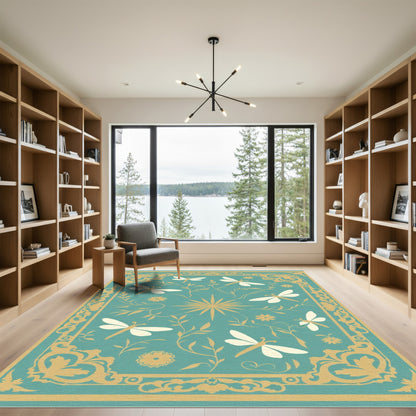 Teal Gold Dragonfly Floral Border Rug