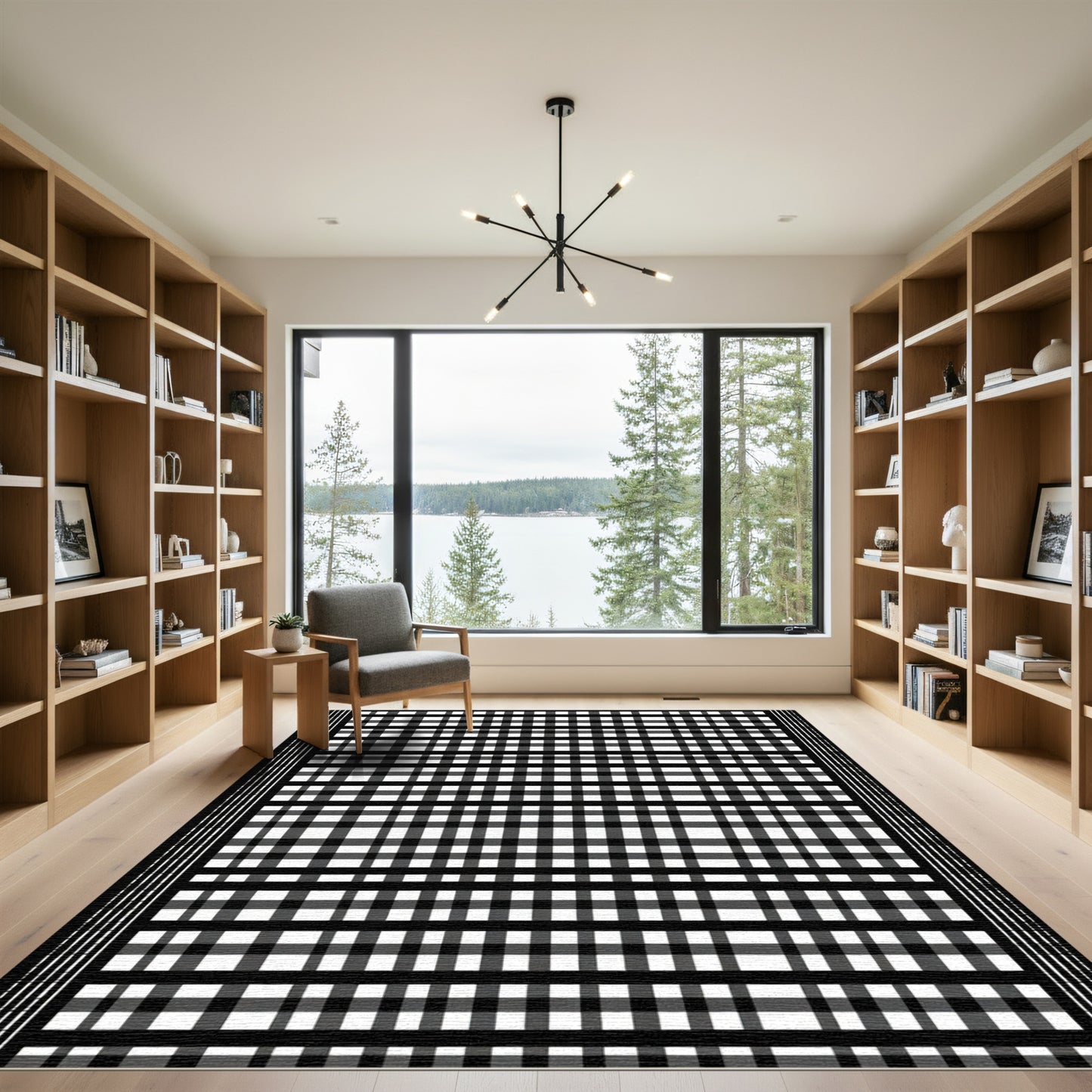 Black White Plaid Grid Rug