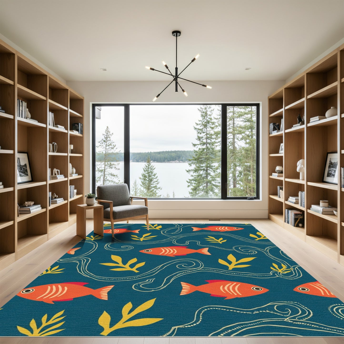 Orange Fish Yellow Leaf Swirl Rug